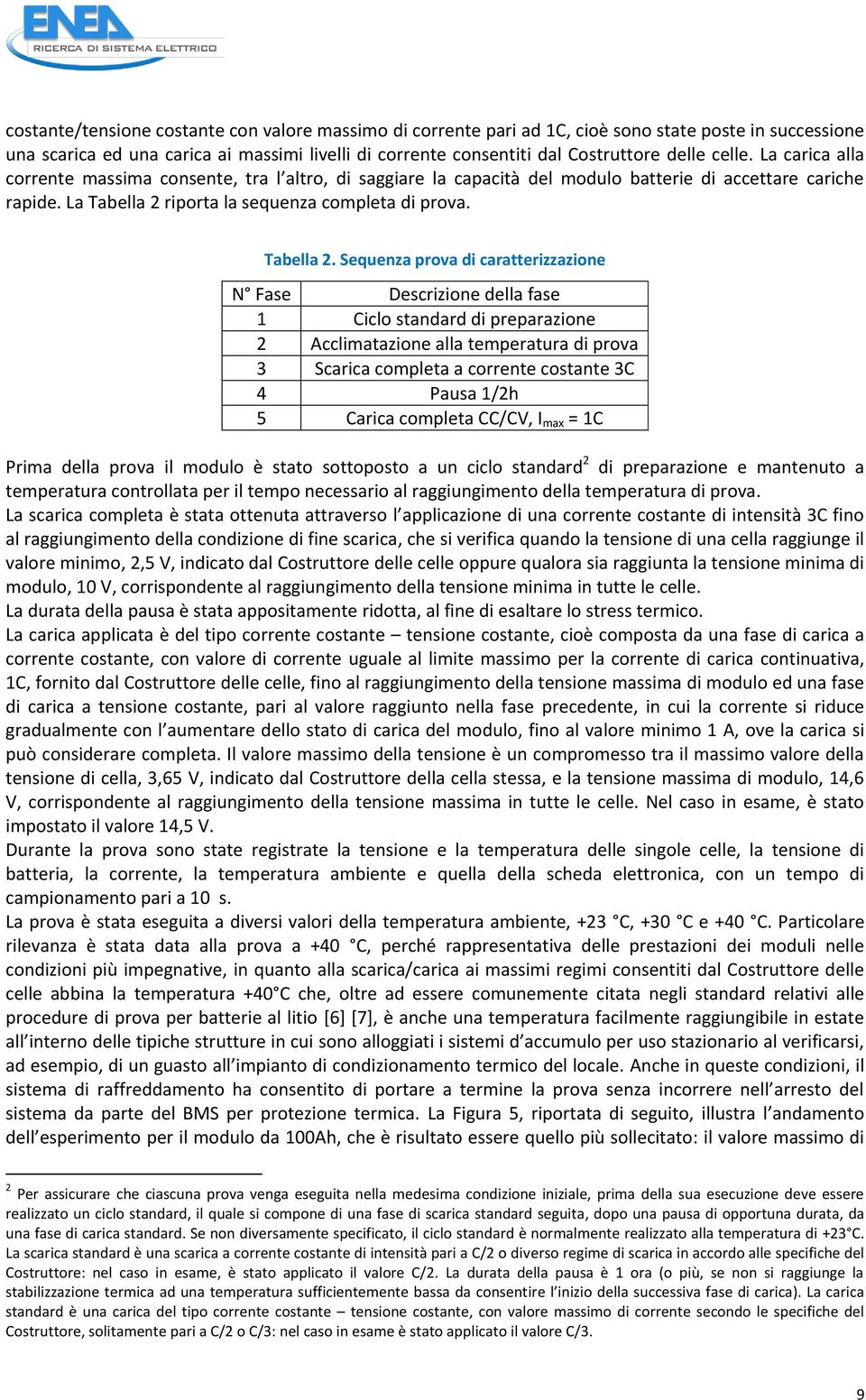 riporta la sequenza completa di prova. Tabella 2.