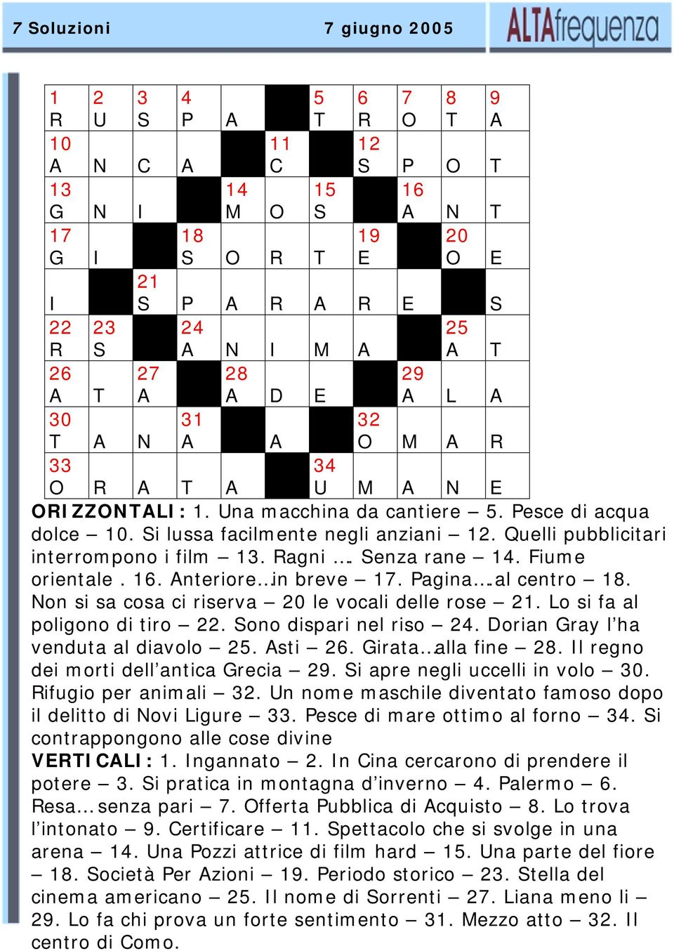 Quelli pubblicitari interrompono i film 13. Ragni. Senza rane 14. Fiume orientale. 16. Anteriore in breve 17. Pagina.al centro 18. Non si sa cosa ci riserva 20 le vocali delle rose 21.