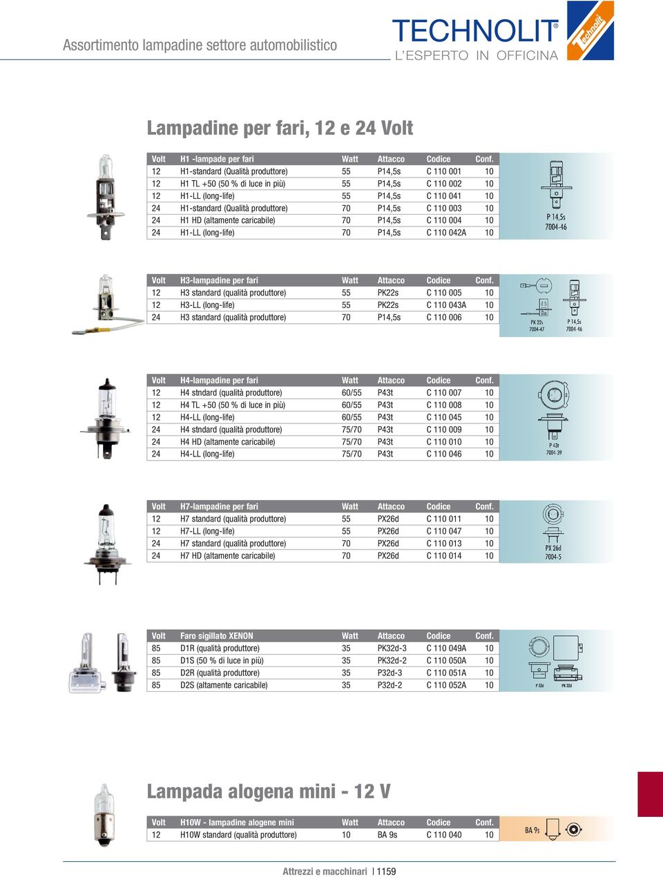 P14,5s C 110 003 10 24 H1 HD (altamente caricabile) 70 P14,5s C 110 004 10 24 H1-LL (long-life) 70 P14,5s C 110 042A 10 Volt H3-lampadine per fari Watt Attacco Codice Conf.