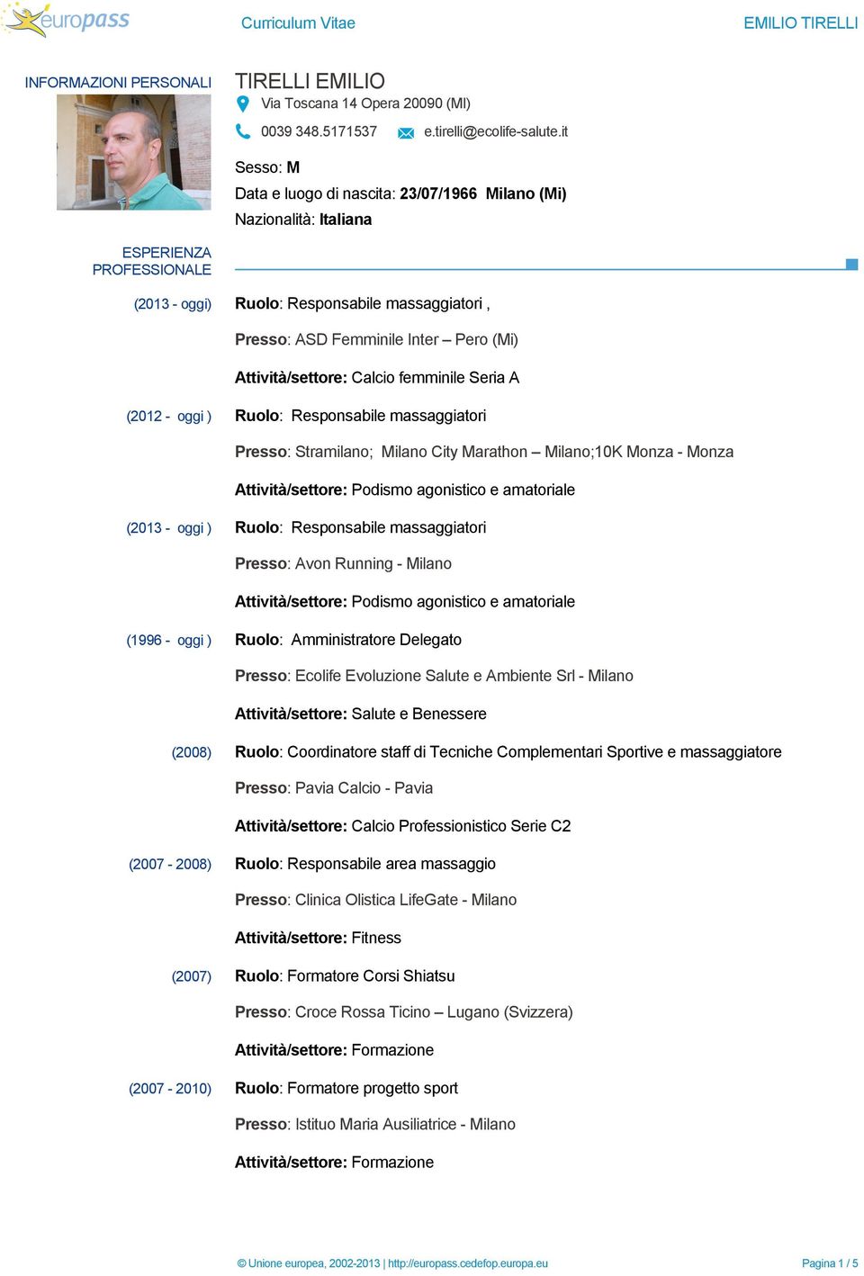 Attività/settore: Calcio femminile Seria A (2012 - oggi ) Ruolo: Responsabile massaggiatori Presso: Stramilano; Milano City Marathon Milano;10K Monza - Monza Attività/settore: Podismo agonistico e