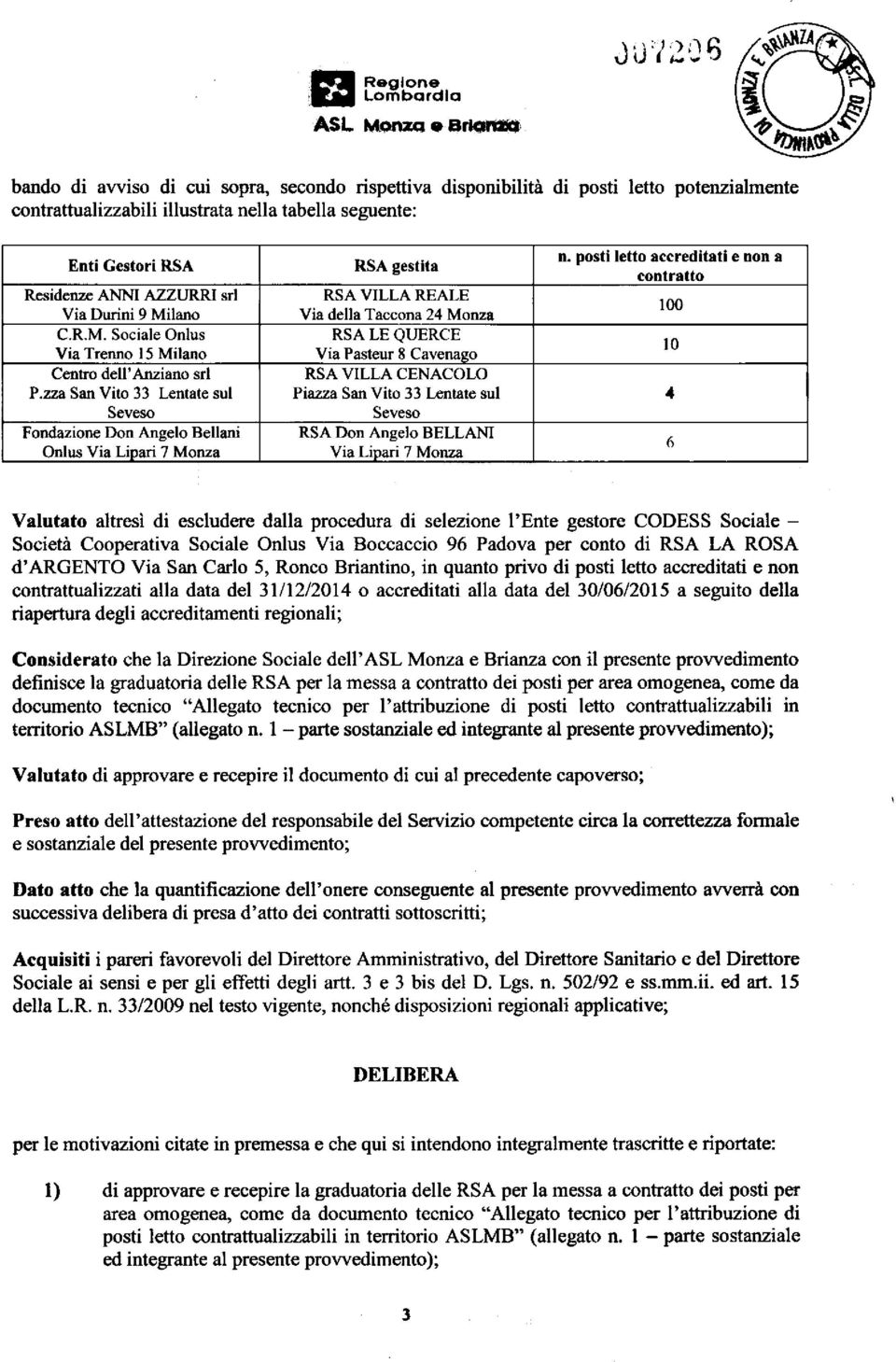 zza San Vito 33 Lentate sul Seveso Fondazione Don Angelo Bellani Onlus Via Lipari 7 Monza RSA gestita n.