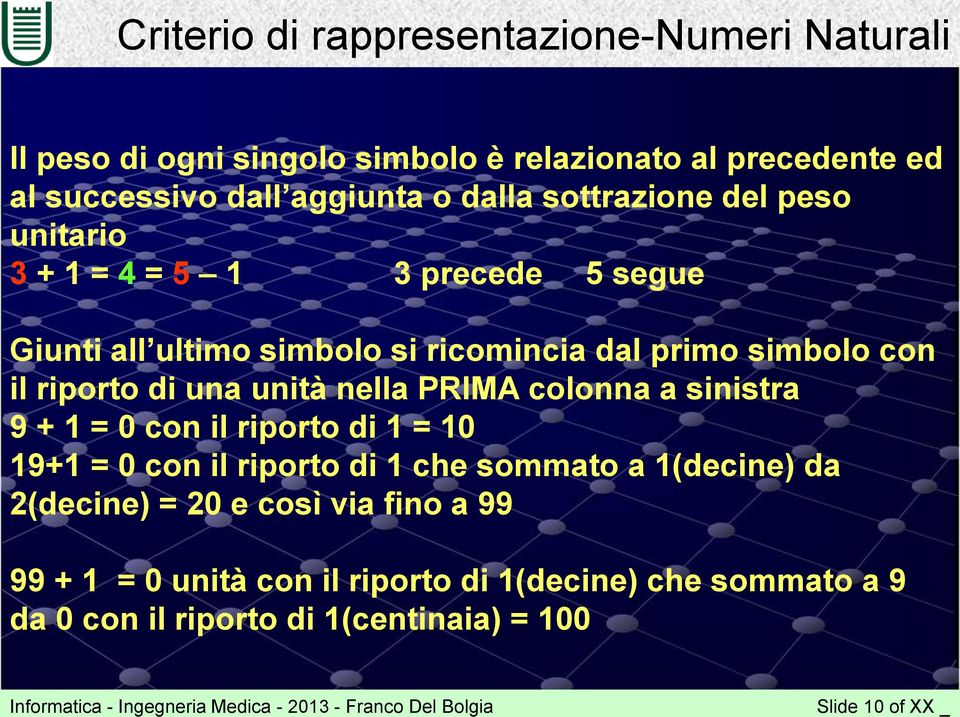 sinistra 9 + 1 = 0 con il riporto di 1 = 10 19+1 = 0 con il riporto di 1 che sommato a 1(decine) da 2(decine) = 20 e così via fino a 99 99 + 1 = 0 unità con il