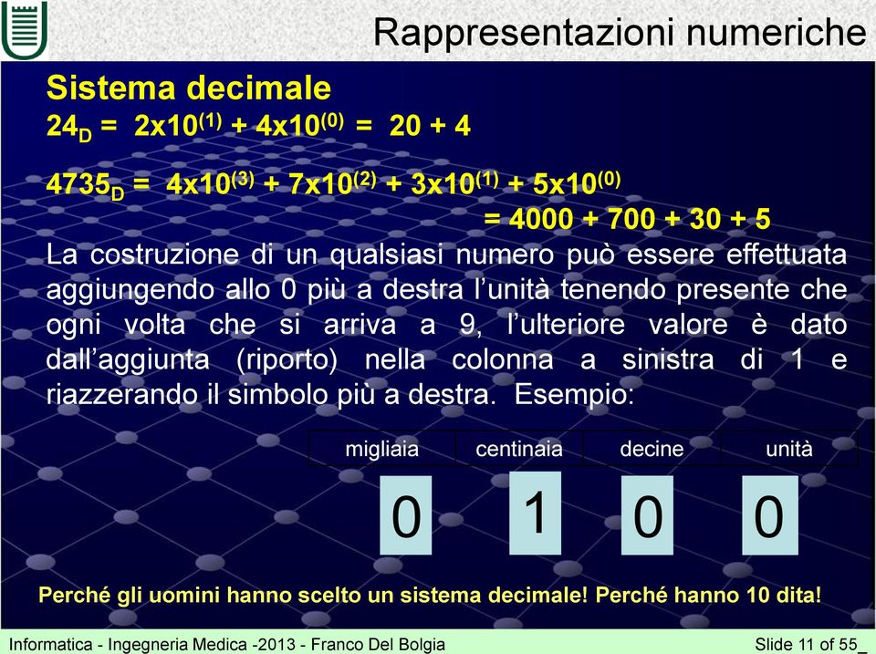 valore è dato dall aggiunta (riporto) nella colonna a sinistra di 1 e riazzerando il simbolo più a destra.