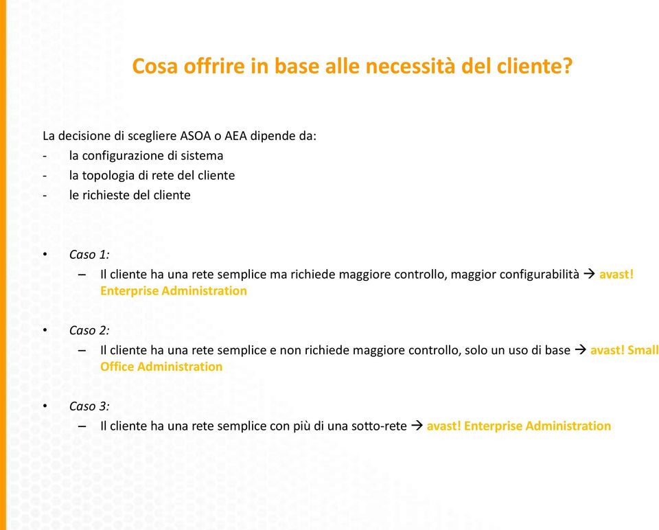 cliente Caso 1: Il cliente ha una rete semplice ma richiede maggiore controllo, maggior configurabilità avast!