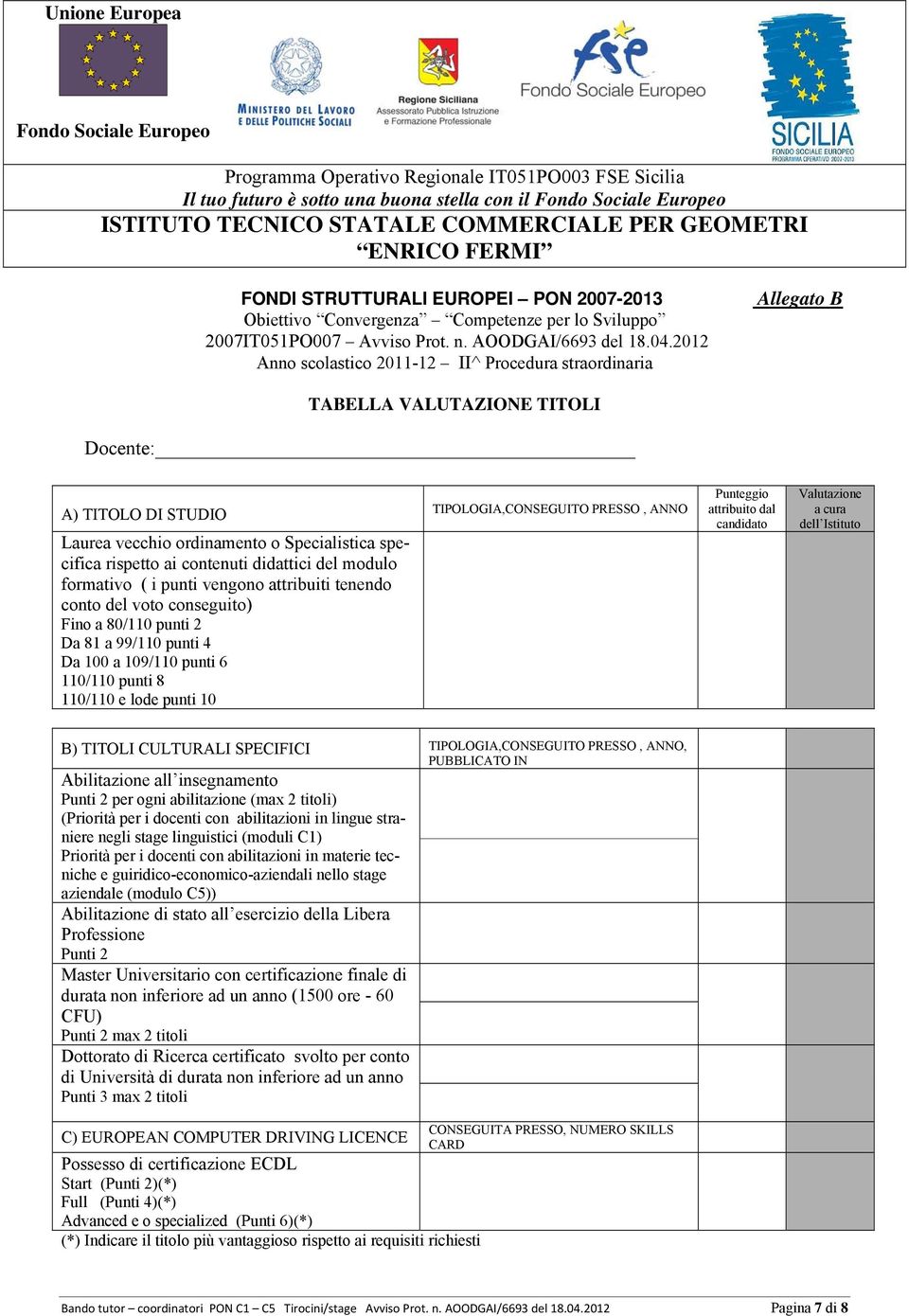 2012 Anno scolastico 2011-12 II^ Procedura straordinaria Allegato B TABELLA VALUTAZIONE TITOLI Docente: A) TITOLO DI STUDIO Laurea vecchio ordinamento o Specialistica specifica rispetto ai contenuti