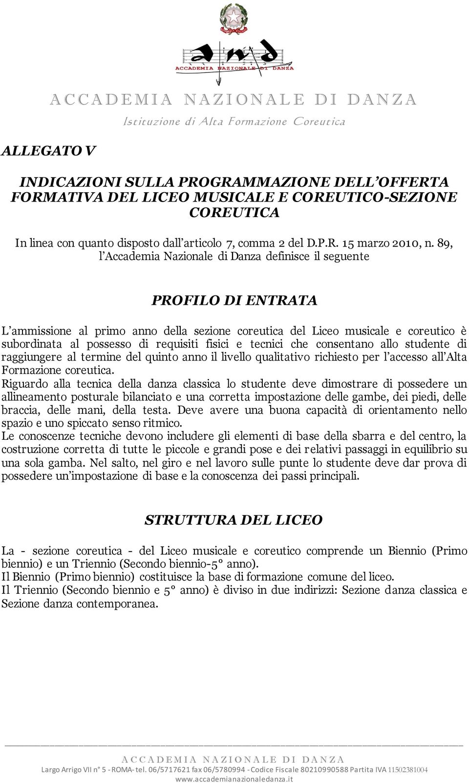 89, l Accademia Nazionale di Danza definisce il seguente PROFILO DI ENTRATA L ammissione al primo anno della sezione coreutica del Liceo musicale e coreutico è subordinata al possesso di requisiti