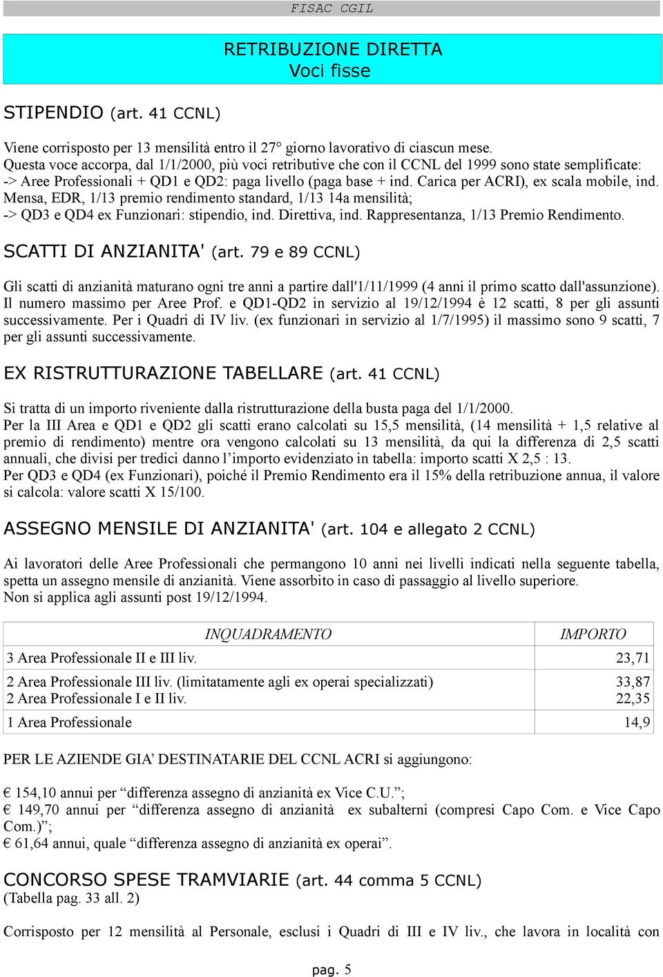 Carica per ACRI), ex scala mobile, ind. Mensa, EDR, 1/13 premio rendimento standard, 1/13 14a mensilità; -> QD3 e QD4 ex Funzionari: stipendio, ind. Direttiva, ind.