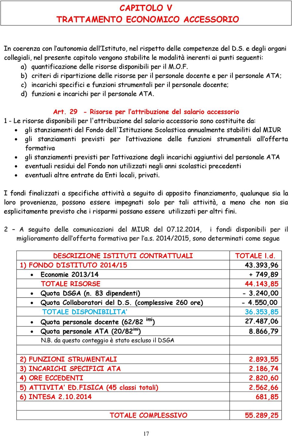 e degli organi collegiali, nel presente capitolo vengono stabilite le modalità inerenti ai punti seguenti: a) quantificazione delle risorse disponibili per il M.O.F.