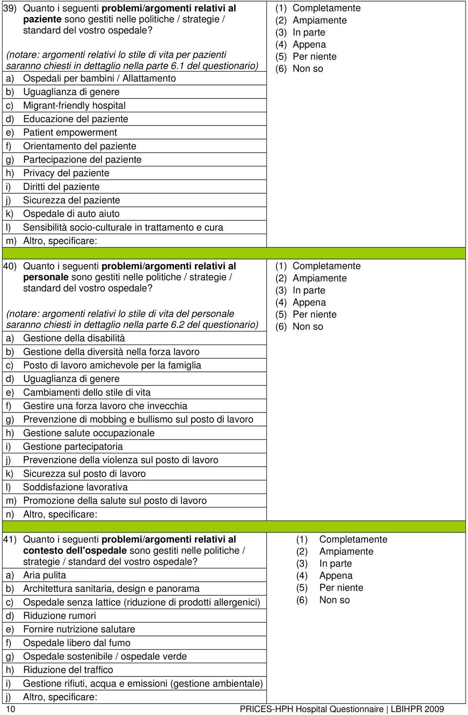 1 del questionario) a) Ospedali per bambini / Allattamento b) Uguaglianza di genere c) Migrant-friendly hospital d) Educazione del paziente e) Patient empowerment f) Orientamento del paziente g)