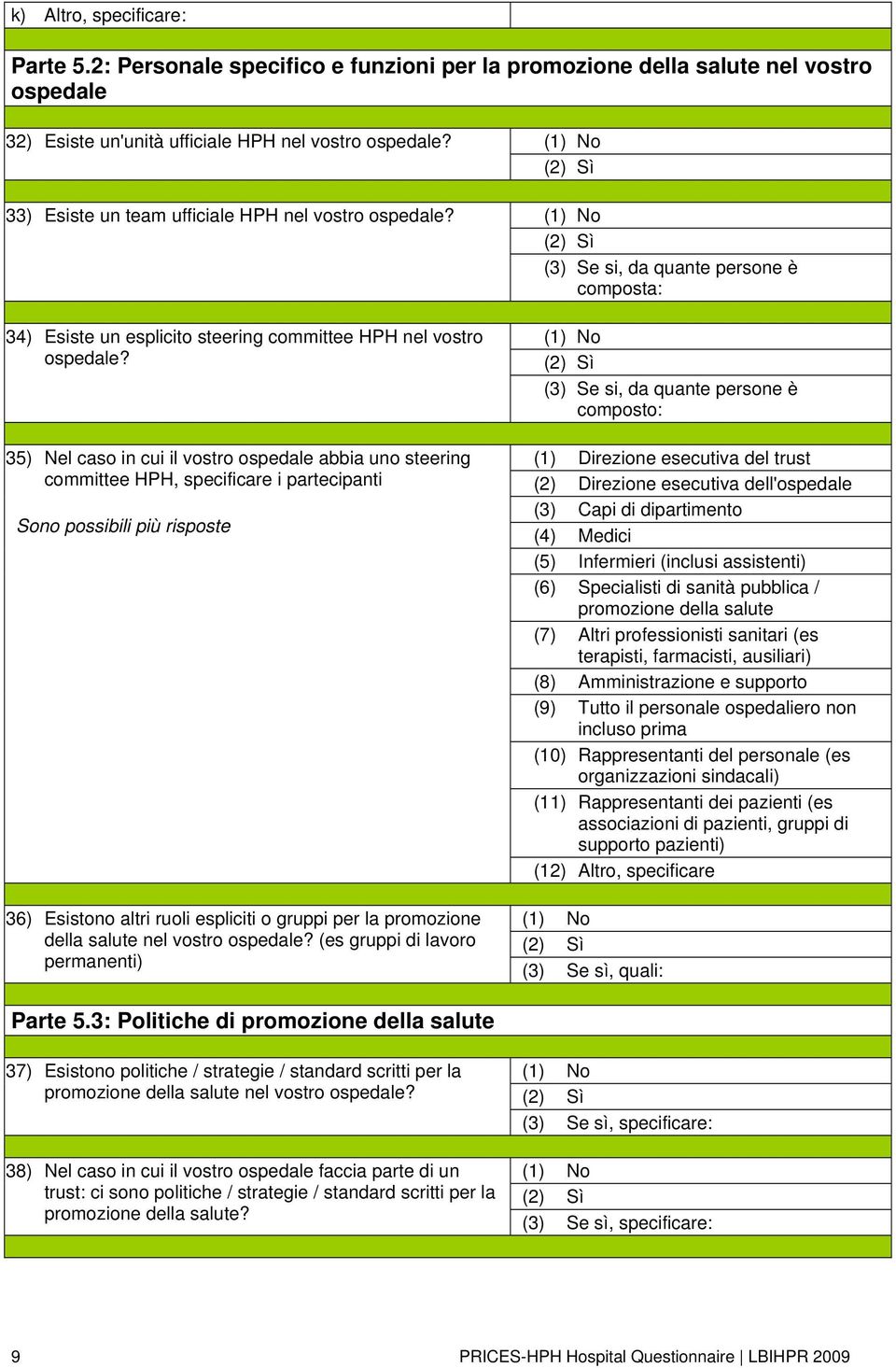 (35) Nel caso in cui il vostro ospedale abbia uno steering committee HPH, specificare i partecipanti (36) Esistono altri ruoli espliciti o gruppi per la promozione della salute nel vostro ospedale?
