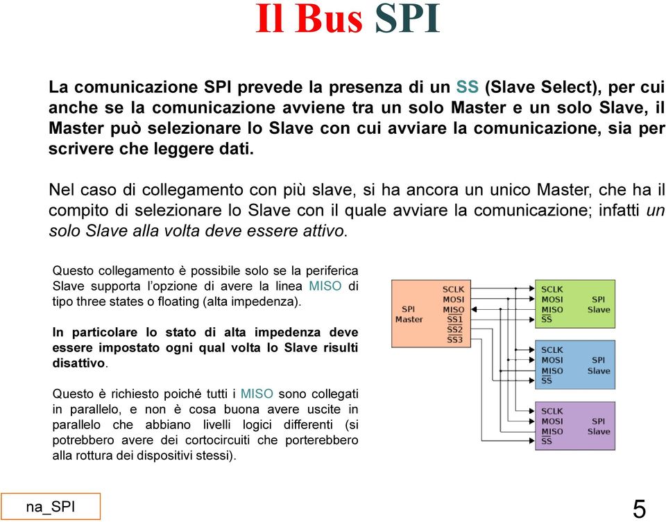 Nel caso di collegamento con più slave, si ha ancora un unico Master, che ha il compito di selezionare lo Slave con il quale avviare la comunicazione; infatti un solo Slave alla volta deve essere