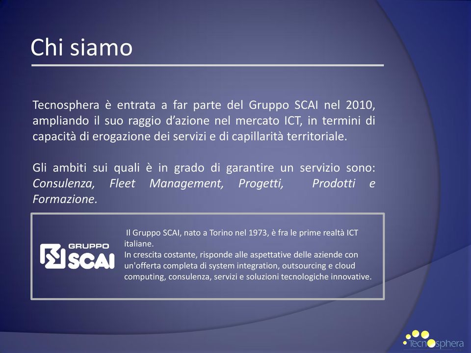 Gli ambiti sui quali è in grado di garantire un servizio sono: Consulenza, Fleet Management, Progetti, Prodotti e Formazione.