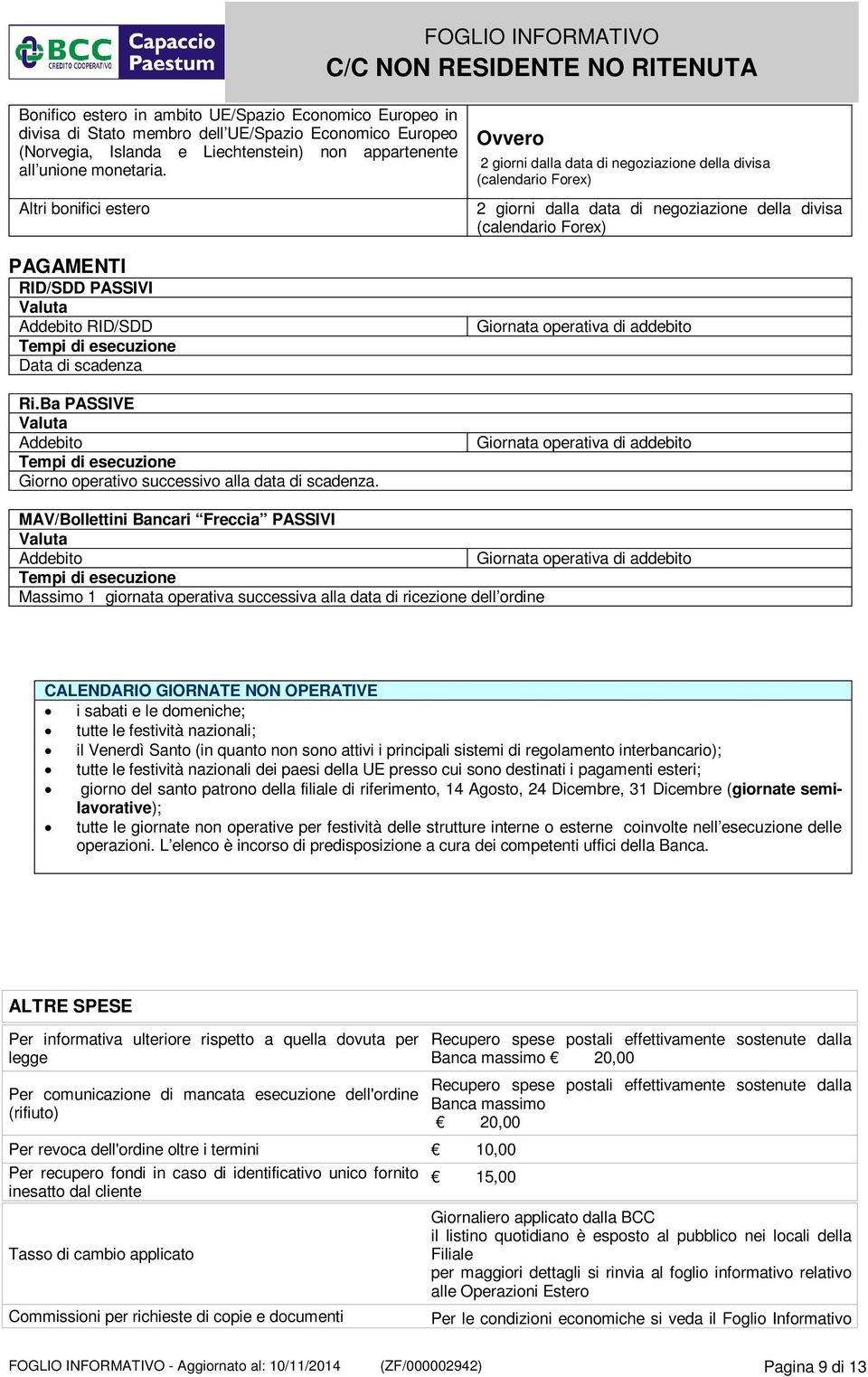 Ba PASSIVE Valuta Addebito Tempi di esecuzione Giorno operativo successivo alla data di scadenza.