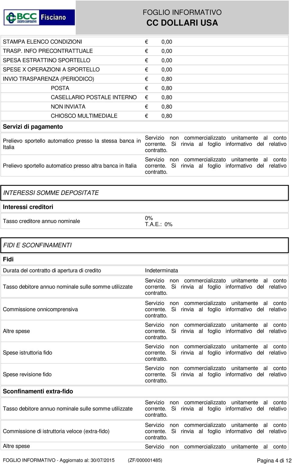 MULTIMEDIALE 0,80 Servizi di pagamento Prelievo sportello automatico presso la stessa banca in Italia Prelievo sportello automatico presso altra banca in Italia INTERESSI SOMME DEPOSITATE Interessi