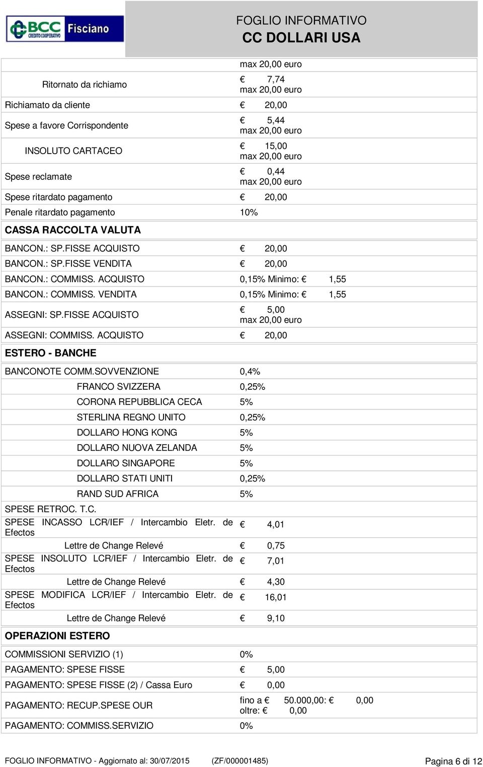 FISSE ACQUISTO ASSEGNI: COMMISS. ACQUISTO 20,00 ESTERO - BANCHE BANCONOTE COMM.