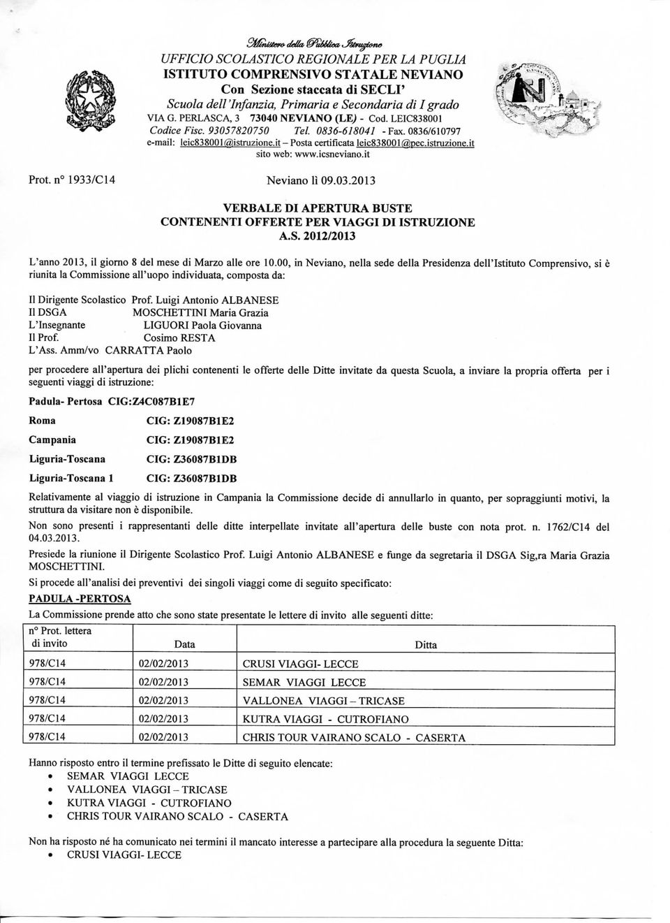 it Prot. n** 1933/C14 Neviano lì 09.03.2013 VERBALE DI APERTURA BUSTE CONTENENTI OFFERTE PER VIAGGI DI ISTRUZIONE A.S. 2012/2013 L'anno 2013, il giorno 8 de! mese di Marzo alle ore.