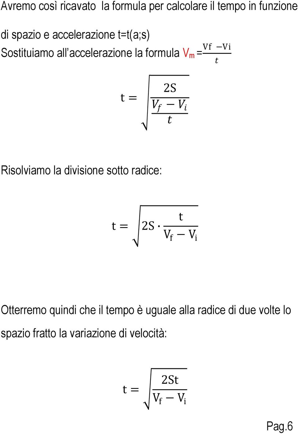 V i t Risolviamo la divisione sotto radice: t = 2S t V f V i Otterremo quindi che il