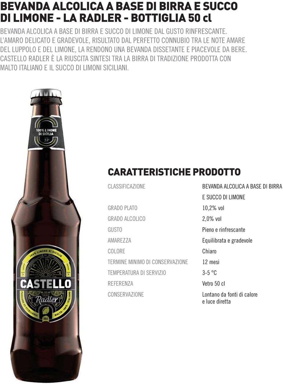 CASTELLO RADLER È LA RIUSCITA SINTESI TRA LA BIRRA DI TRADIZIONE PRODOTTA CON MALTO ITALIANO E IL SUCCO DI LIMONI SICILIANI.