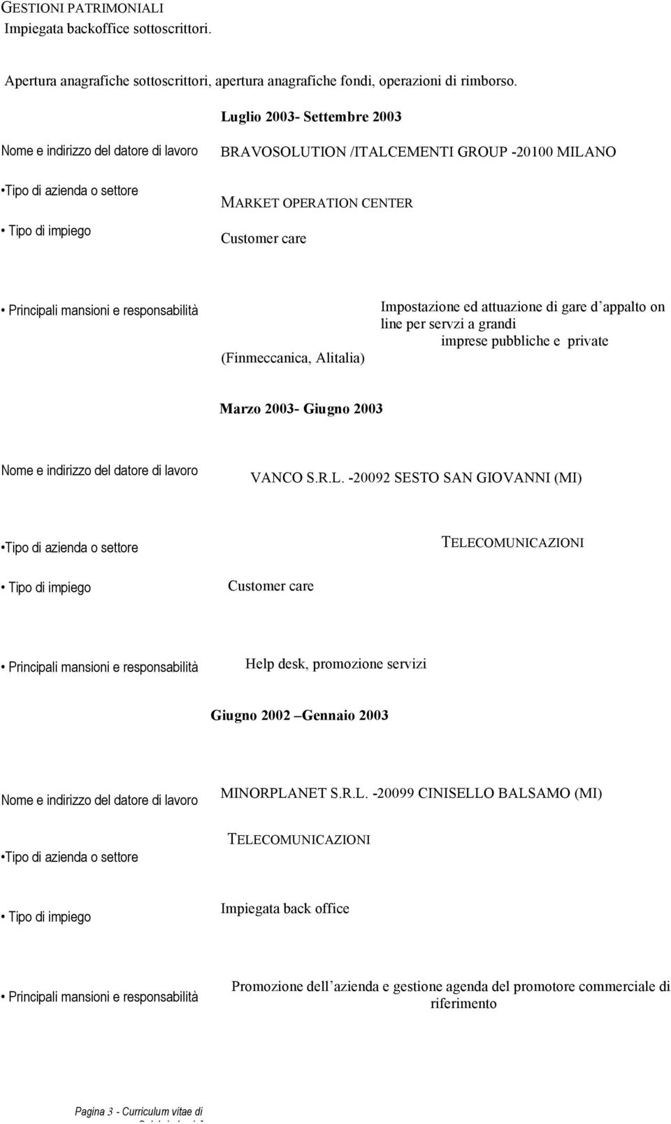 line per servzi a grandi imprese pubbliche e private Marzo 2003- Giugno 2003 VANCO S.R.L.