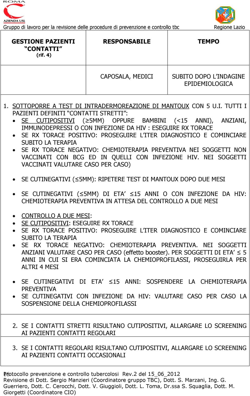 NTI CONTATTI (rif. 4) RESPONSABILE TEMPO CAPOSALA, MEDICI SUBITO DOPO L INDAGINE EPIDEMIOLOGICA 1. SOTTOPORRE A TEST DI INTRADERMOREAZIONE DI MANTOUX CON 5 U.I. TUTTI I PAZIENTI DEFINITI CONTATTI