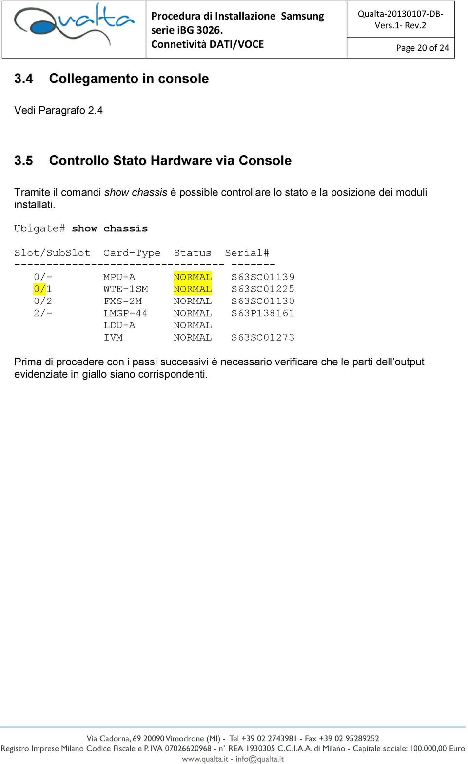 5 Controllo Stato Hardware via Console Tramite il comandi show chassis è possible controllare lo stato e la posizione dei moduli installati.