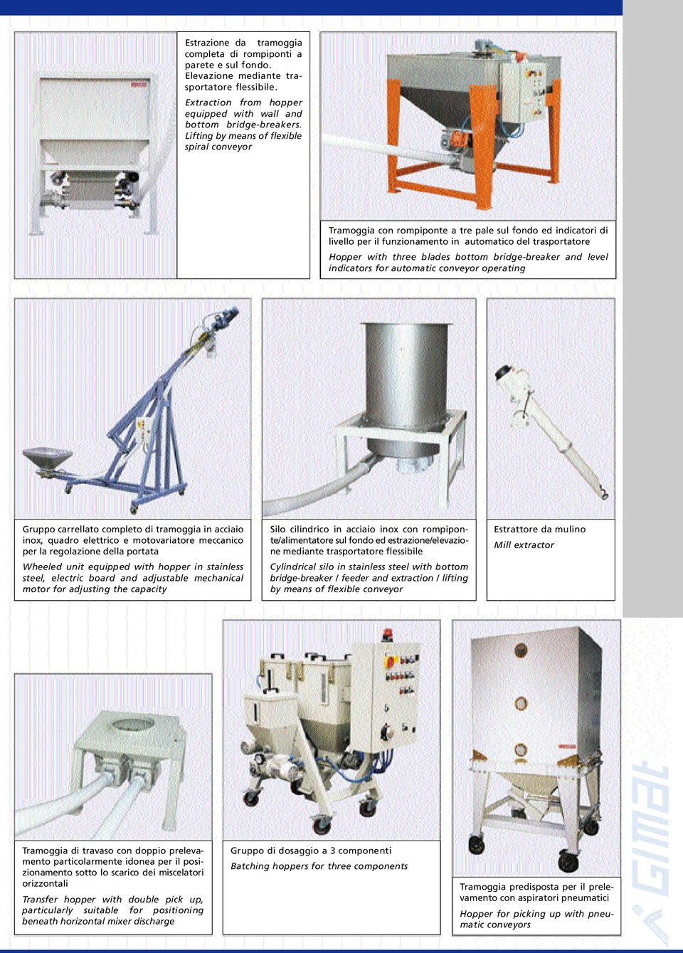 bottom bridge-breaker and level indicators for automatic conveyor operating Gruppo carrellato completo di tramoggia in acciaio inox, quadro elettrico e motovariatore meccanico per la regolazione