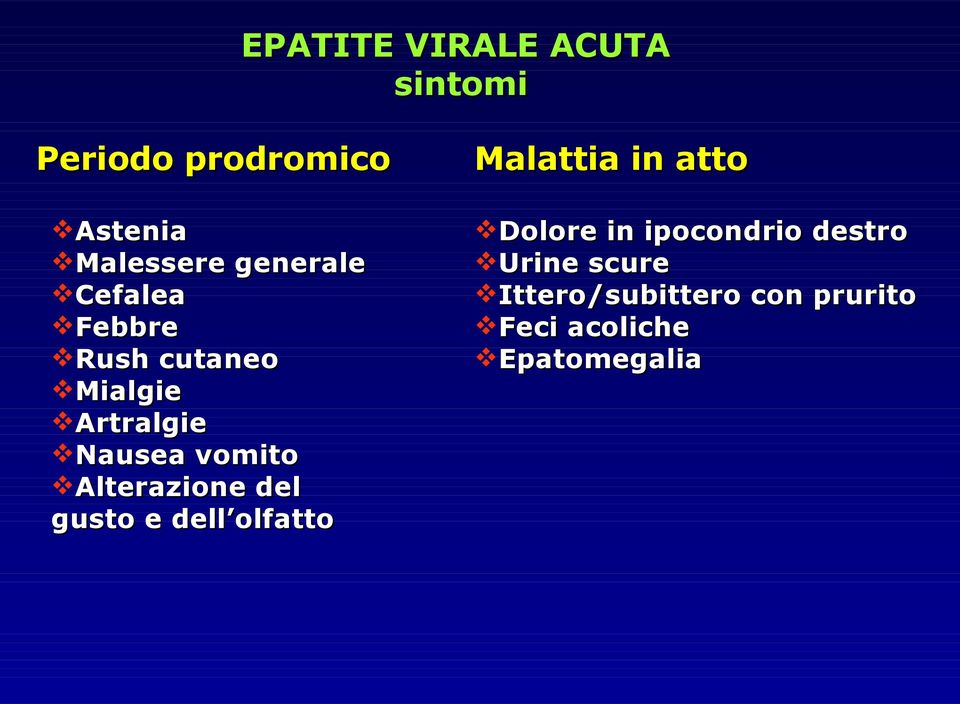 Alterazione del gusto e dell olfatto Malattia in atto Dolore in