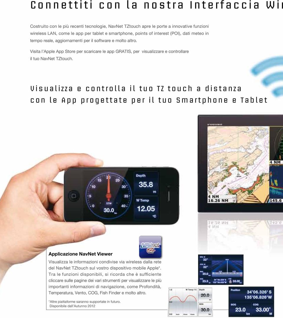 Visualizza e controlla il tuo TZ touch a distanza con le App progettate per il tuo Smartphone e Tablet Applicazione NavNet Viewer Visualizza le informazioni condivise via wireless dalla rete del