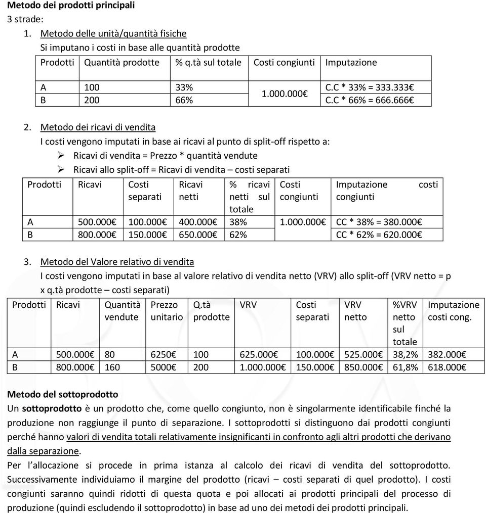 Metodo dei ricavi di vendita I costi vengono imputati in base ai ricavi al punto di split-off rispetto a: Ricavi di vendita = Prezzo * quantità vendute Ricavi allo split-off = Ricavi di vendita costi