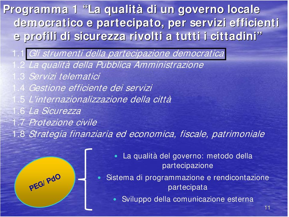 4 Gestione efficiente dei servizi 1.5 L'internazionalizzazione della città 1.6 La Sicurezza 1.7 Protezione civile 1.