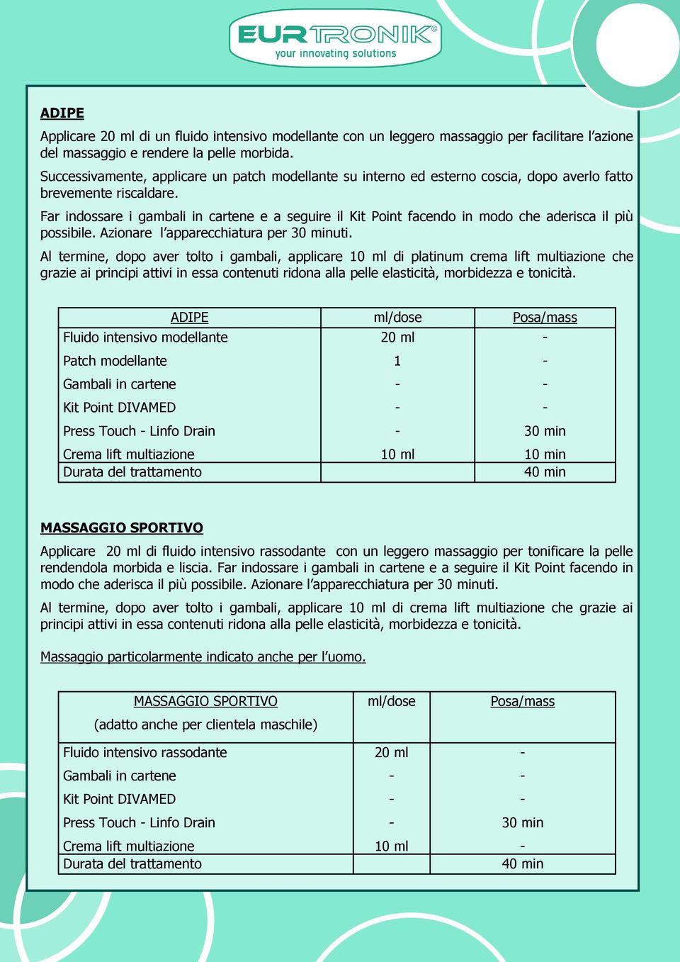 Far indossare i gambali in cartene e a seguire il Kit Point facendo in modo che aderisca il più possibile. Azionare l apparecchiatura per uti.