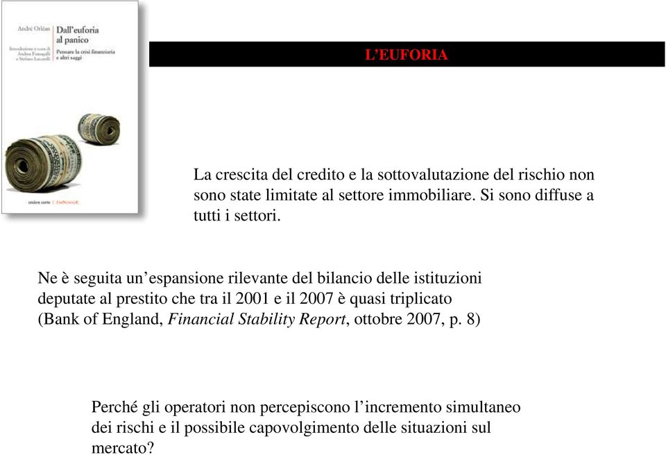 Ne è seguita un espansione rilevante del bilancio delle istituzioni deputate al prestito che tra il 2001 e il 2007 è