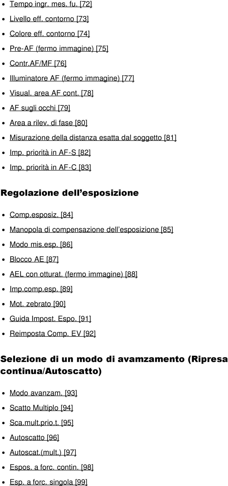 one Comp.esposiz. [84] Manopola di compensazione dell esposizione [85] Modo mis.esp. [86] Blocco AE [87] AEL con otturat. (fermo immagine) [88] Imp.comp.esp. [89] Mot. zebrato [90] Guida Impost. Espo.