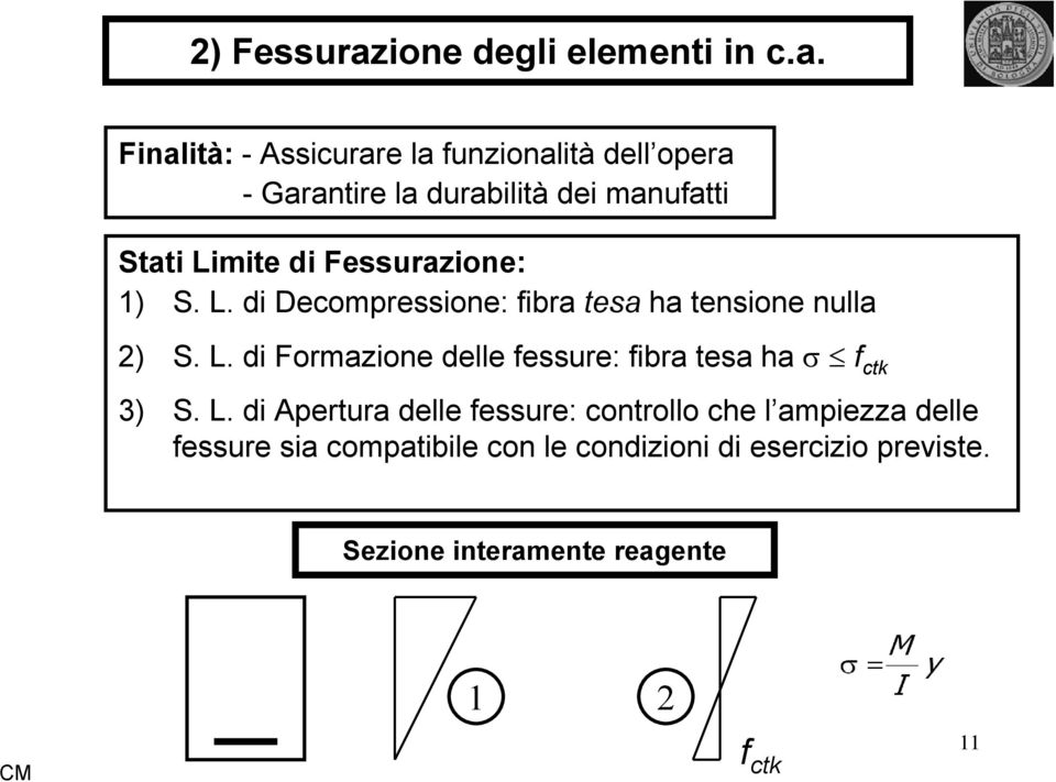 Finalità: - Aicurare la funzionalità dell opera - Garantire la durabilità dei manufatti Stati Limite di