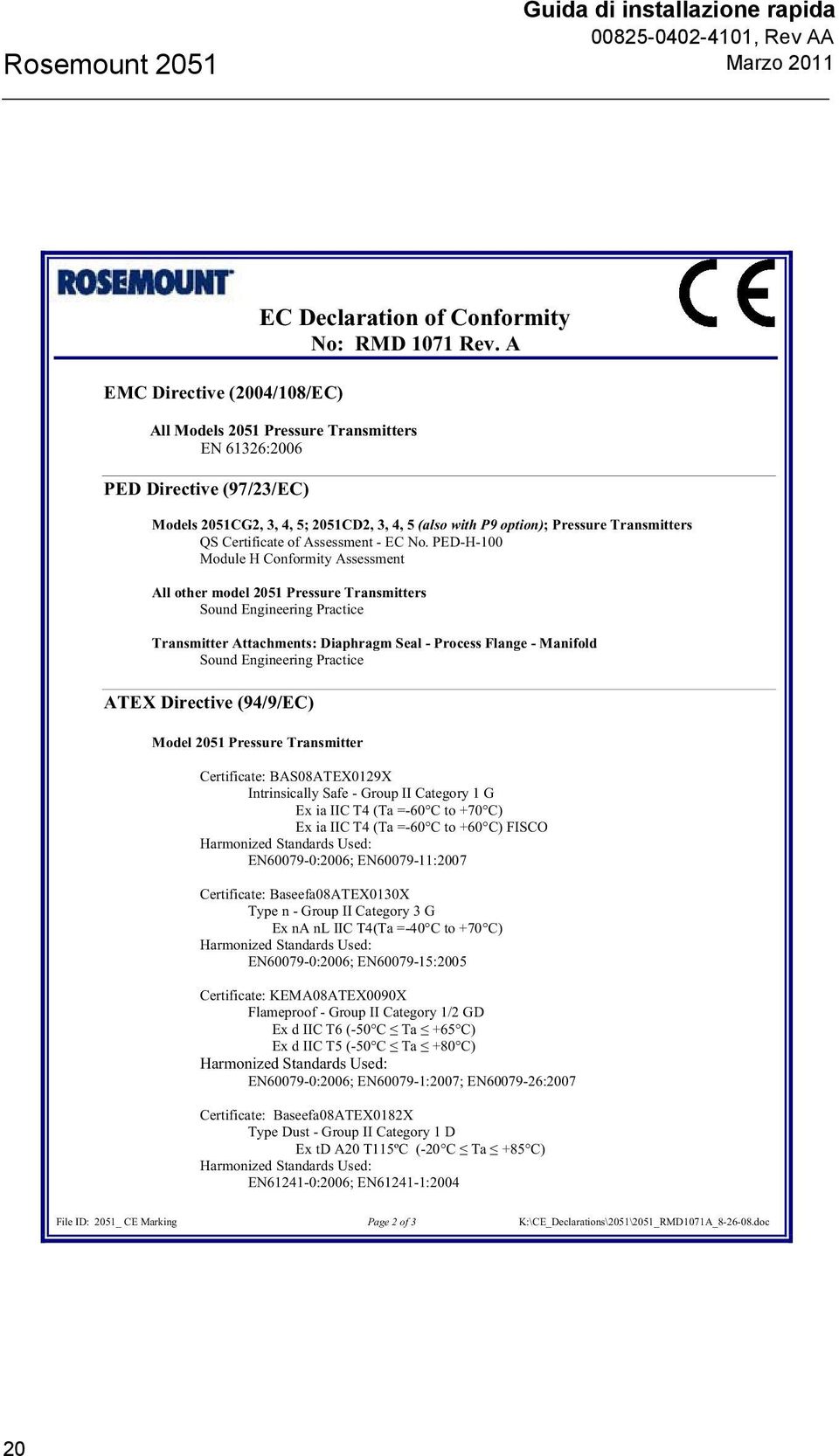 No. PED-H-100 Module H Conformity Assessment All other model 2051 Pressure Transmitters Sound Engineering Practice Transmitter Attachments: Diaphragm Seal - Process Flange - Manifold Sound