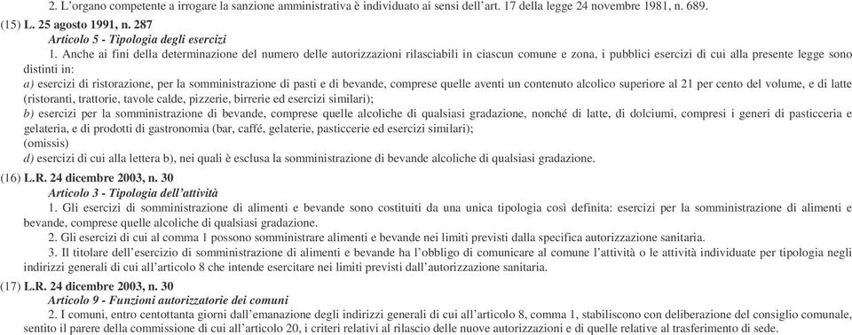 Anche ai fini della determinazione del numero delle autorizzazioni rilasciabili in ciascun comune e zona, i pubblici esercizi di cui alla presente legge sono distinti in: a) esercizi di ristorazione,