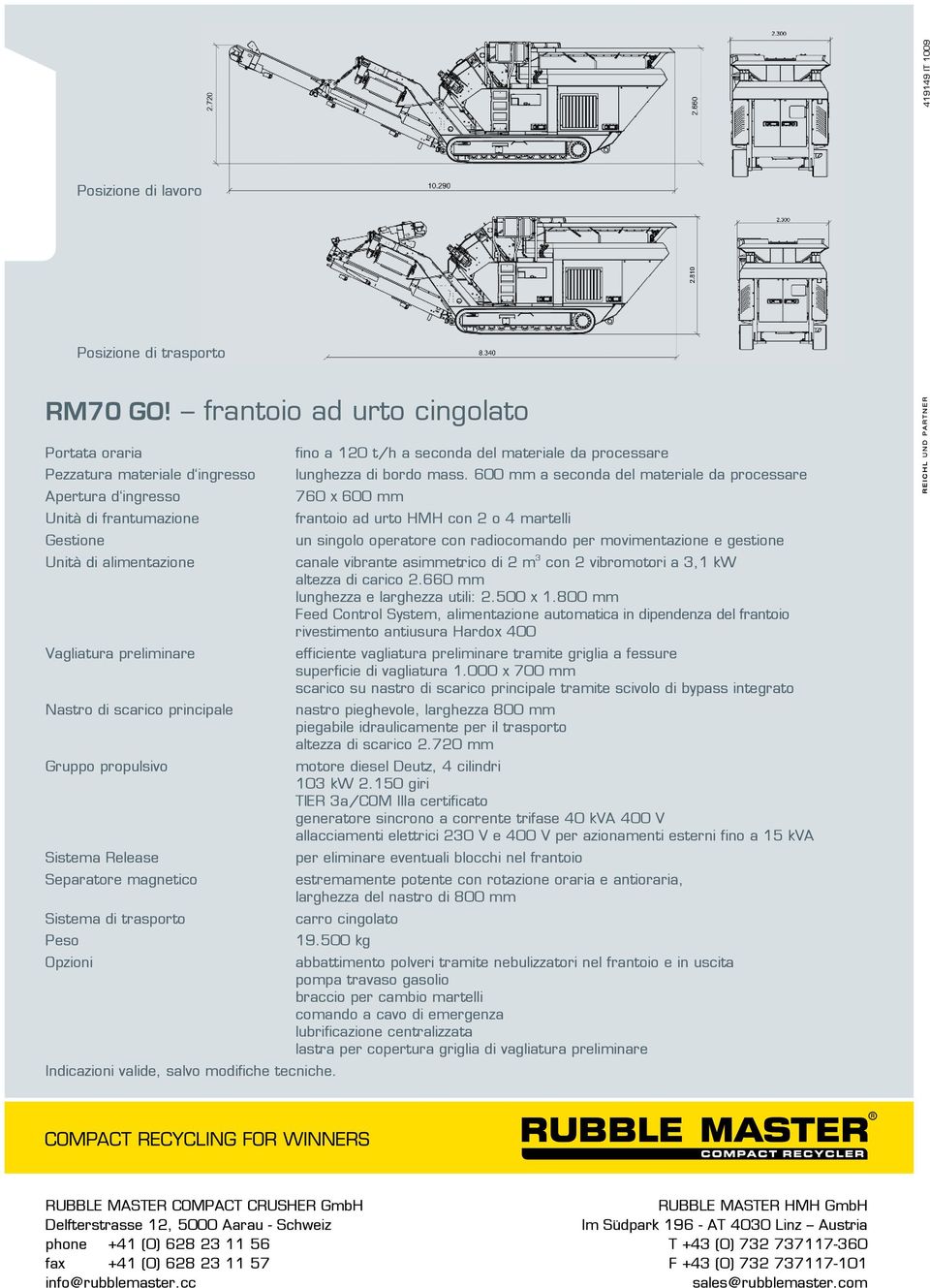 mass. 600 mm a seconda del materiale da processare 760 x 600 mm frantoio ad urto HMH con 2 o 4 martelli un singolo operatore con radiocomando per movimentazione e gestione Unità di alimentazione