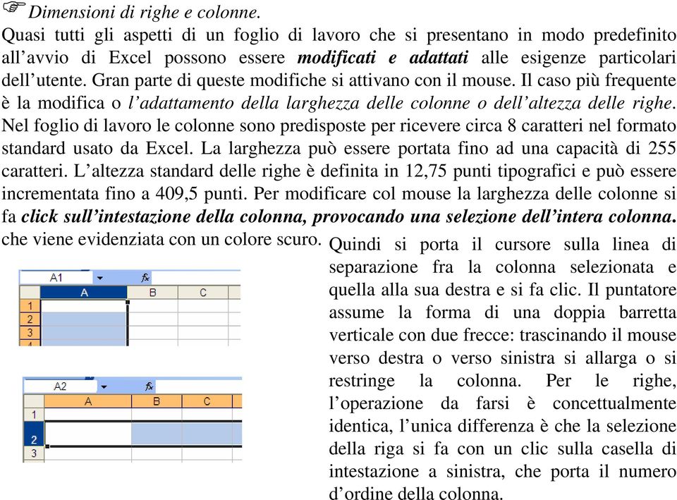 Gran parte di queste modifiche si attivano con il mouse. Il caso più frequente èla modifica o l adattamento della larghezza delle colonne o dell altezza delle righe.