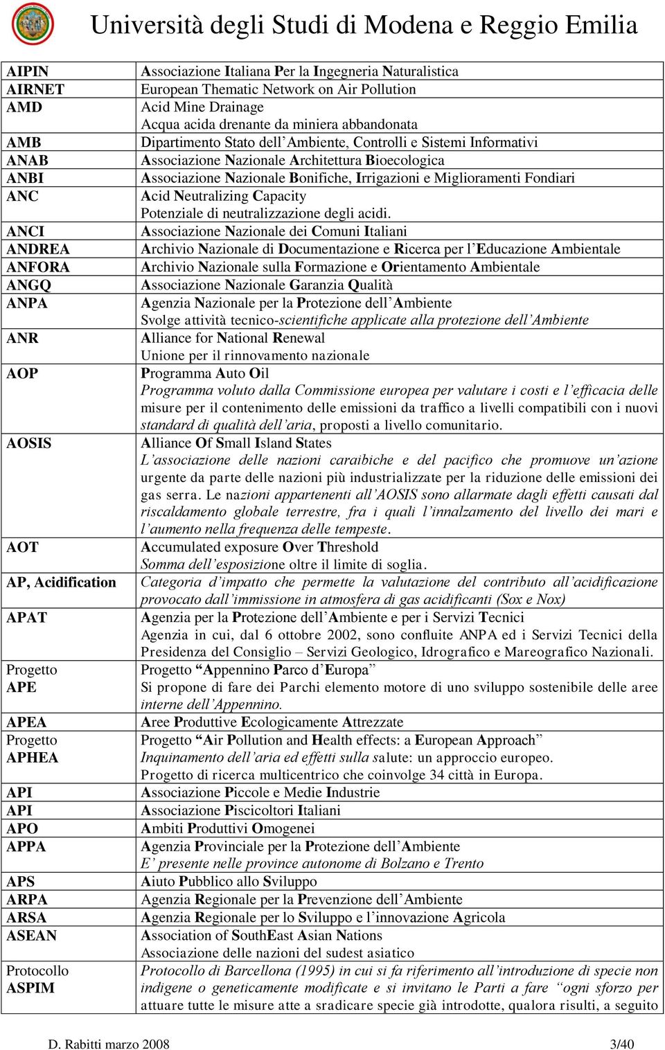 Controlli e Sistemi Informativi Associazione Nazionale Architettura Bioecologica Associazione Nazionale Bonifiche, Irrigazioni e Miglioramenti Fondiari Acid Neutralizing Capacity Potenziale di