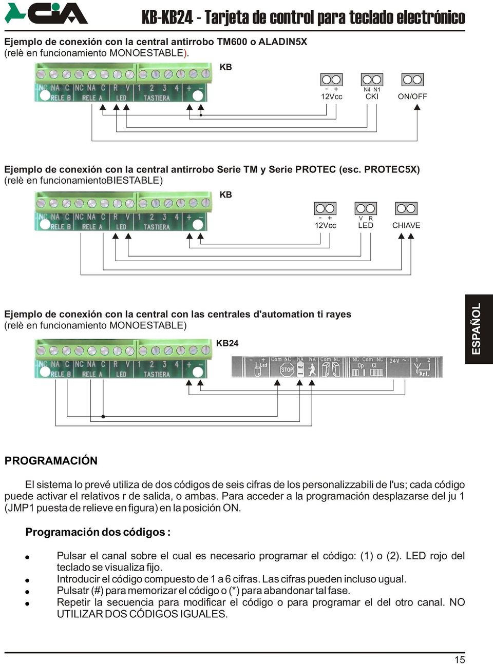 PROTEC5X) (relè en funcionamientobiestable) 12Vcc V R LED CHIAVE Ejemplo de conexión con la central con las centrales d'automation ti rayes (relè en funcionamiento MONOESTABLE) 24 ESPAÑOL