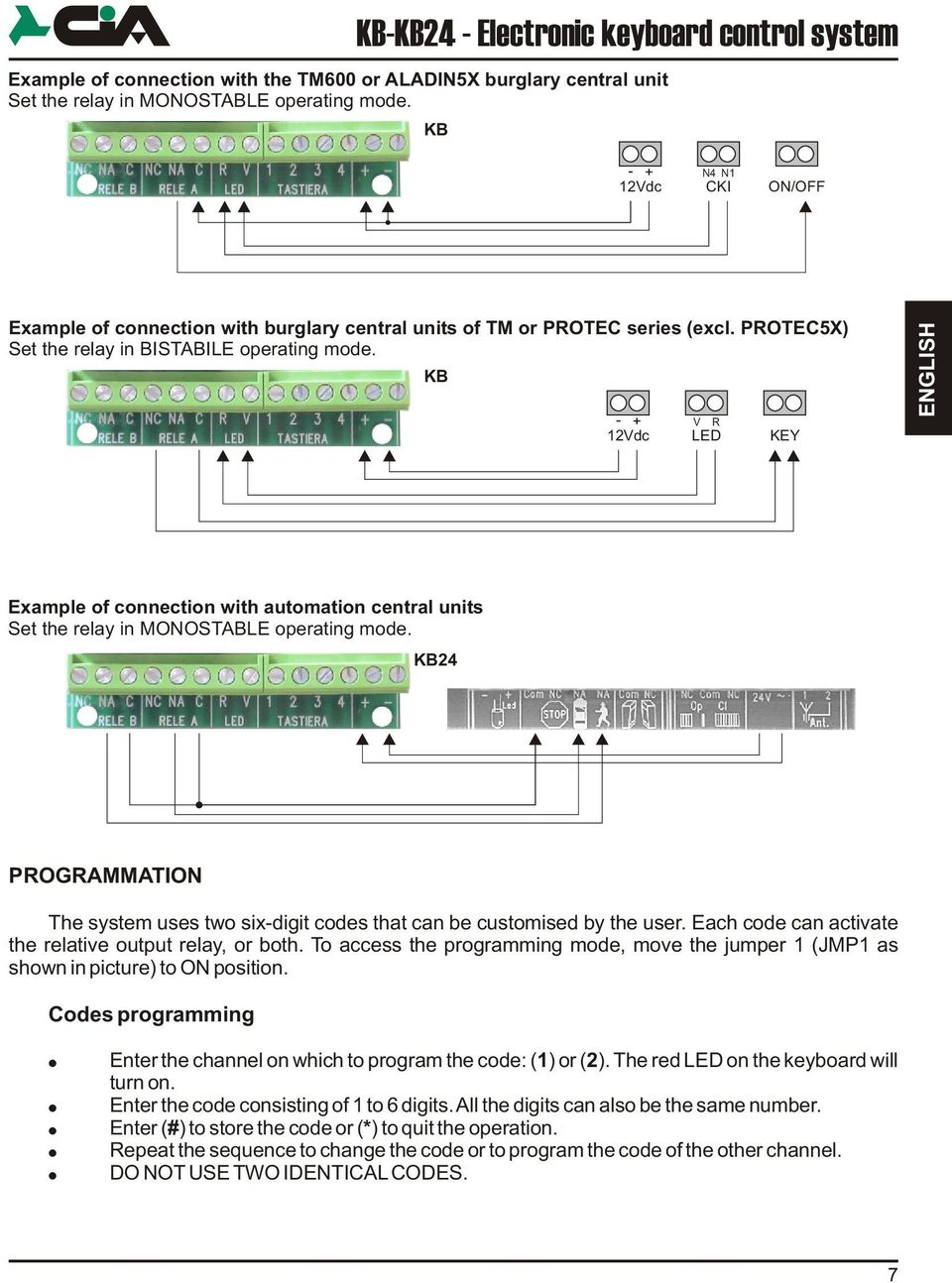 12Vdc V R LED KEY ENGLISH Example of connection with automation central units Set the relay in MONOSTABLE operating mode.