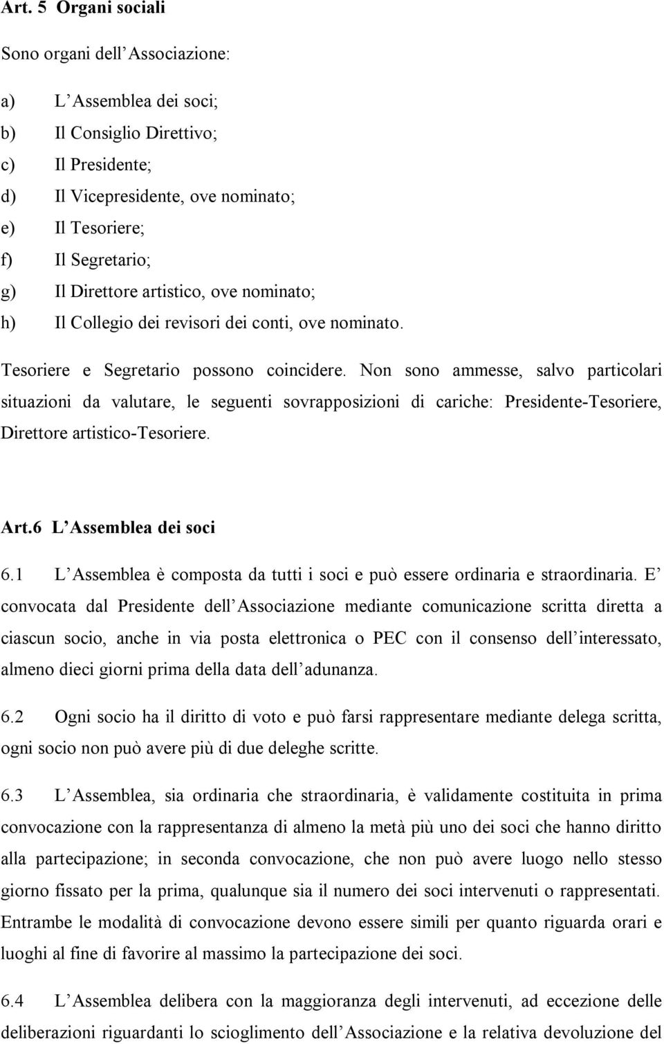 Non sono ammesse, salvo particolari situazioni da valutare, le seguenti sovrapposizioni di cariche: Presidente-Tesoriere, Direttore artistico-tesoriere. Art.6 L Assemblea dei soci 6.