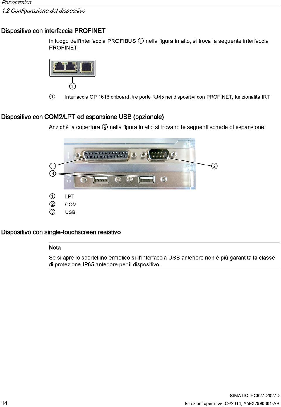 PROFINET: 1 Interfaccia CP 1616 onboard, tre porte RJ45 nei dispositivi con PROFINET, funzionalità IRT Dispositivo con COM2/LPT ed espansione USB (opzionale) Anziché la