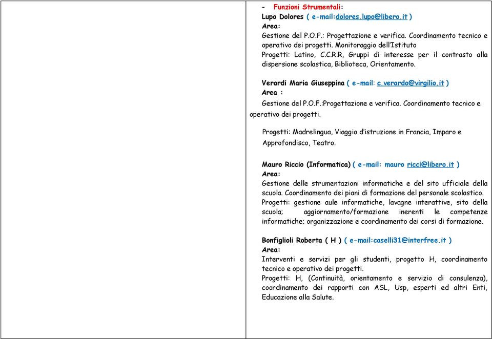 it ) Area : Gestione del P.O.F.:Progettazione e verifica. Coordinamento tecnico e operativo dei progetti. Progetti: Madrelingua, Viaggio d istruzione in Francia, Imparo e Approfondisco, Teatro.