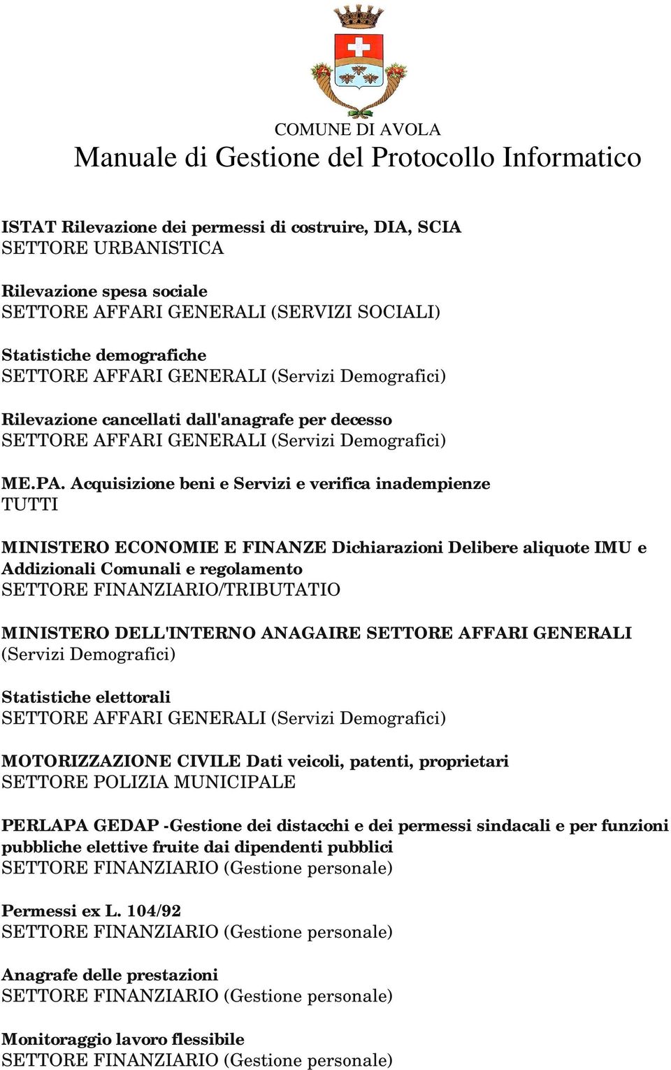 Acquisizione beni e Servizi e verifica inadempienze TUTTI MINISTERO ECONOMIE E FINANZE Dichiarazioni Delibere aliquote IMU e Addizionali Comunali e regolamento SETTORE FINANZIARIO/TRIBUTATIO