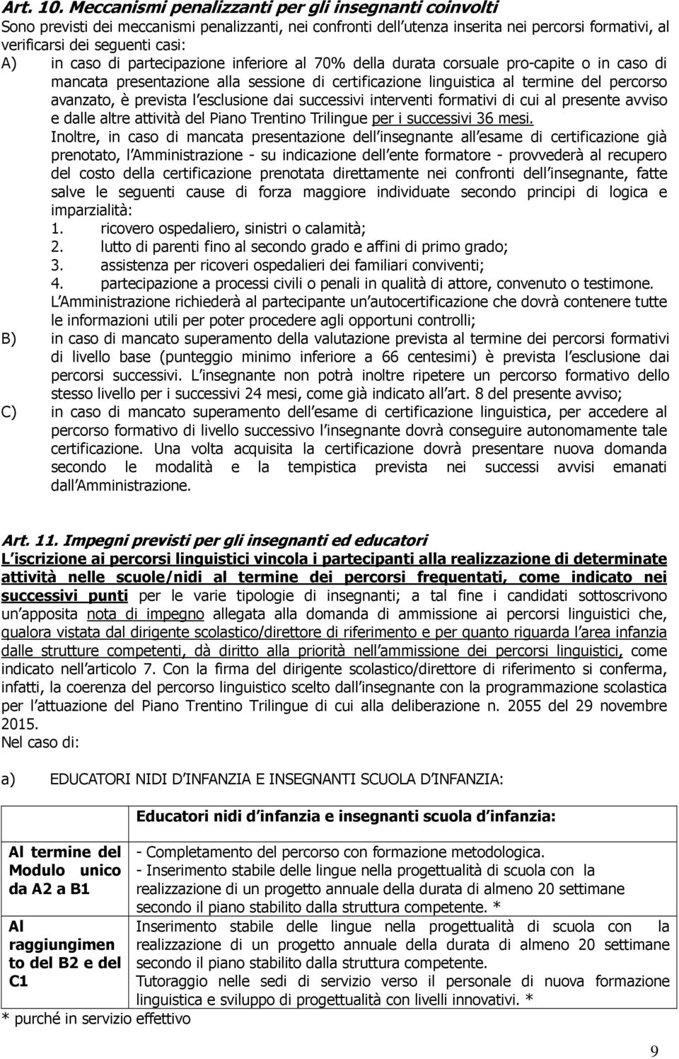 di partecipazione inferiore al 70% della durata corsuale pro-capite o in caso di mancata presentazione alla sessione di certificazione linguistica al termine del percorso avanzato, è prevista l