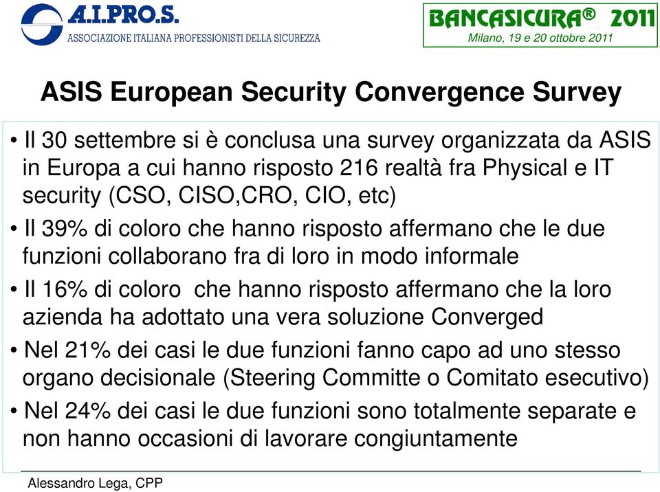 coloro che hanno risposto affermano che la loro azienda ha adottato una vera soluzione Converged Nel 21% dei casi le due funzioni fanno capo ad uno stesso