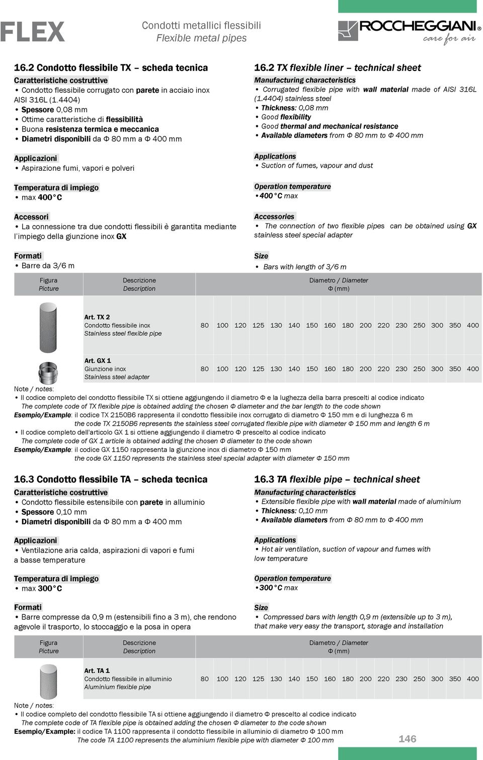 4404) Spessore 0,08 mm Ottime caratteristiche di flessibilità Buona resistenza termica e meccanica Diametri disponibili da Ф 80 mm a Ф 400 mm Manufacturing characteristics Corrugated flexible pipe