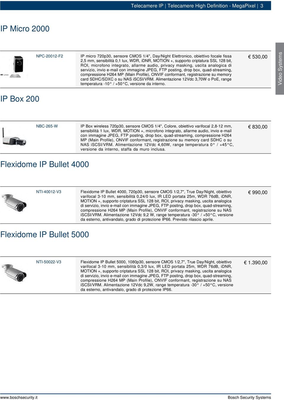 quad-streaming, compressione H264 MP (Main Profile), ONVIF conformant, registrazione su memory card SDHC/SDXC o su NAS iscsi/vrm.