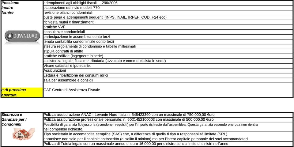 VVF consulenze condominiali partecipazione in assemblea conto terzi tenuta contabilità condominiale conto terzi stesura regolamentii di condominio e tabelle millesimali stipula contratti di affitto